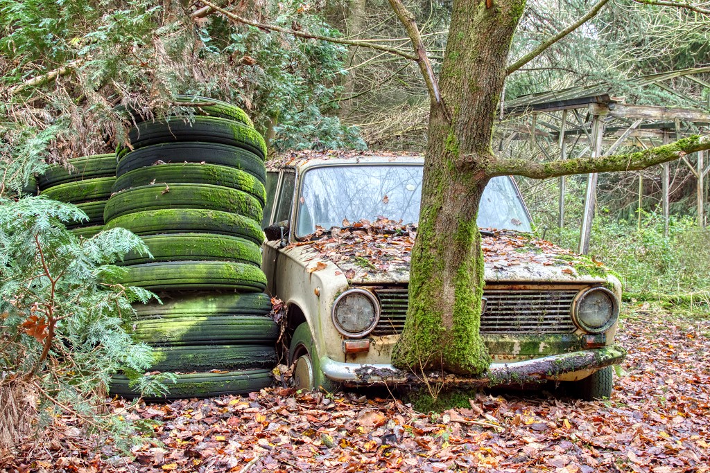 HDR urbex Lost in the Woods lada 1300 opel kadett trash fitou oldtimer youngtimer bus morgon tractor olielamp vuldop Airco generator belgie